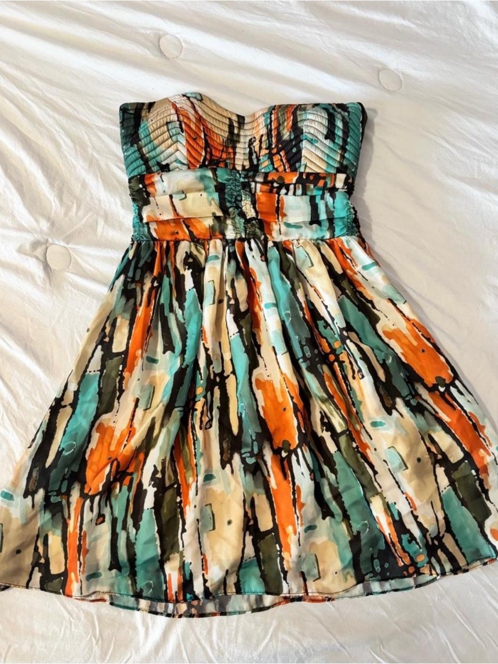 Bar III Strapless Dress in Orange, Teal, Black & Cream